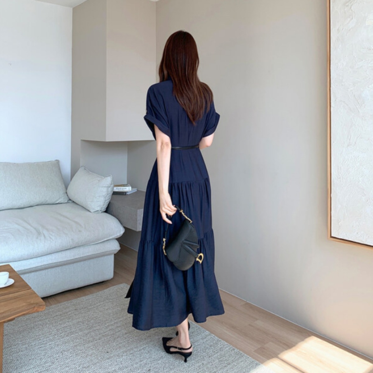 骨格ウェーブ 華奢見えフィット＆フレア ロングシャツワンピース